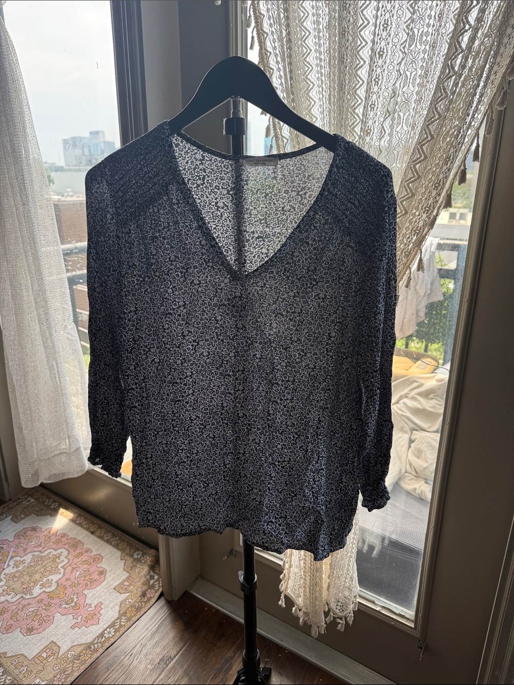 Christian Siriano Navy and White Floral Sheer V-Neck Blouse